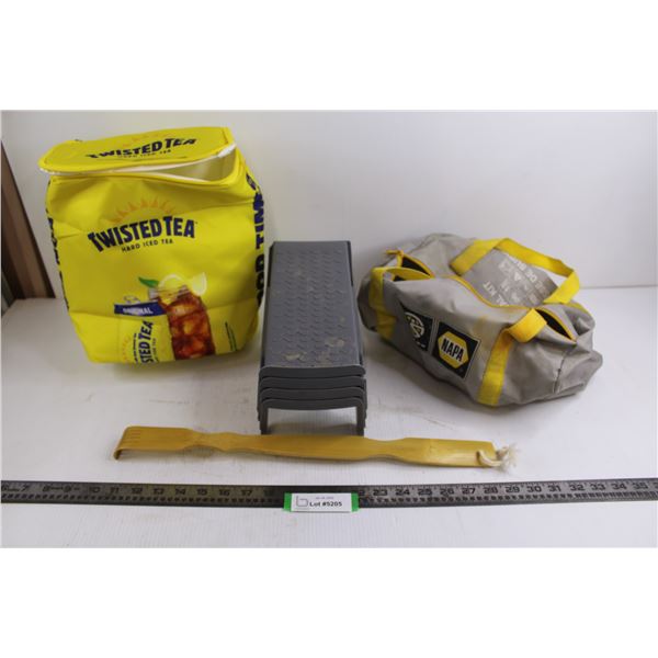 Twisted Tea Thermal Tote, Napa Survival Kit Bag - Empty, (4) Shoe Tying Platforms, Back Scratcher