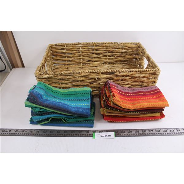 Wicker Weave Storage Basket 20" x 12" x 6", (2) Sets of 6 Fabric Napkins
