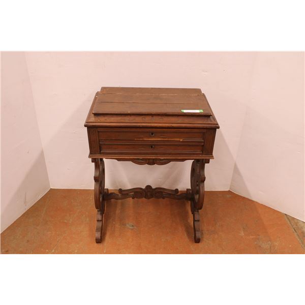 * Antique Cutlery Baroque Style Wooden Table w/Drawer & Hinged Top - 23" x 15" x 30" - Some Wear, As