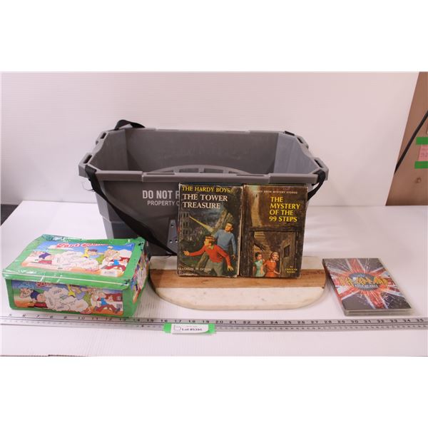(2) Hardy Boys Hardcover Books, Fart Bomb, Def Leppard DVD, Shopping Basket, Half Moon Cutting Board