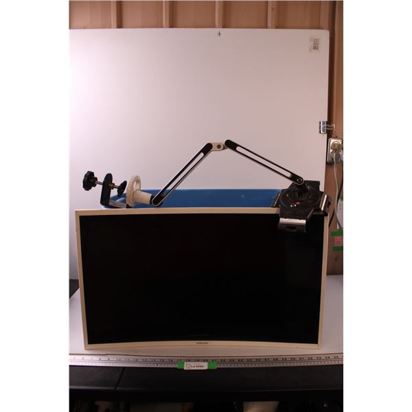* Rubbermaid Tote, Samsung Curved Monitor - (Damaged) & Mounting Arm