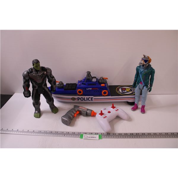 Toy Lot: Hulk, Fortnite Action Figure, Police Boat, Meccano Drill, LN Remote Control - As Is