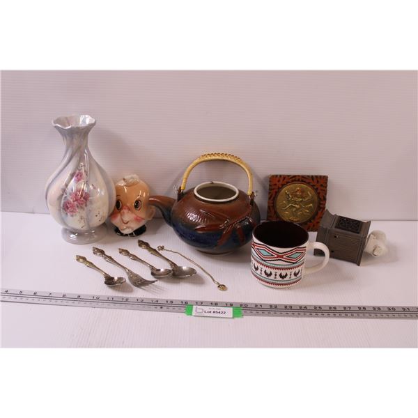 Ceramic Teapot, Southwestern Style Mug, Iridescent Rose Vase, Locket, Misc