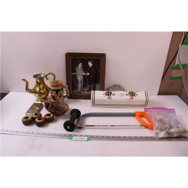 Vintage Wall Mount Light Fixture, Beer Stein, Brass Teapot, Hack Saw, Skateboard Wheels, Various Lig