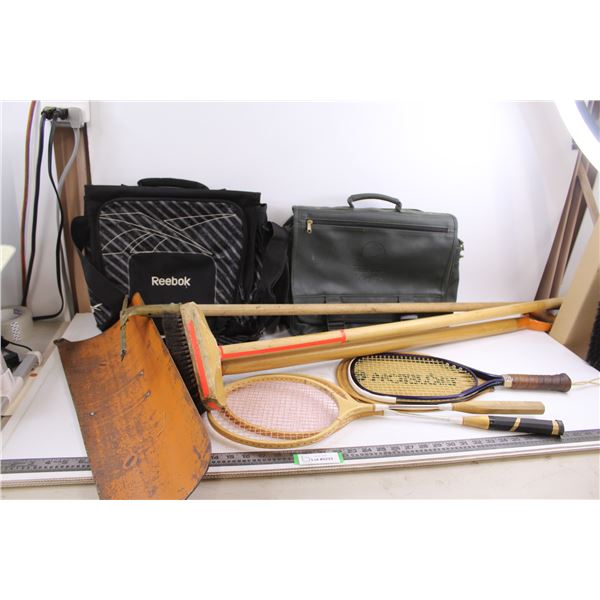 (2) * Travel Shoulder Bags (Reebok, Paradise Canyon), (3) Racquets, Snow Shovel, Squeegee, Narrow Br