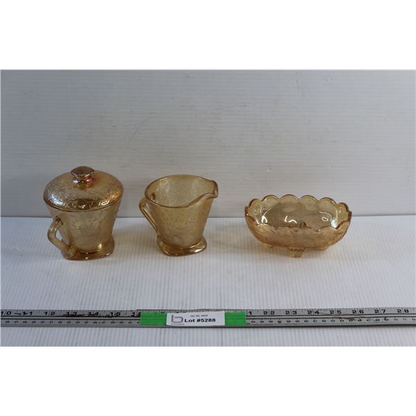 Flora Gold Depression Glass Cream & Sugar Set and Candy Dish