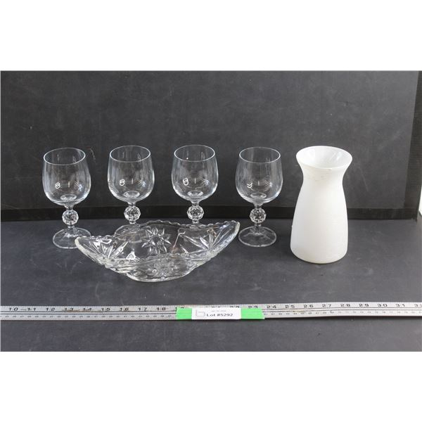 Frosted White Vase, Crystal Goblets and Dish