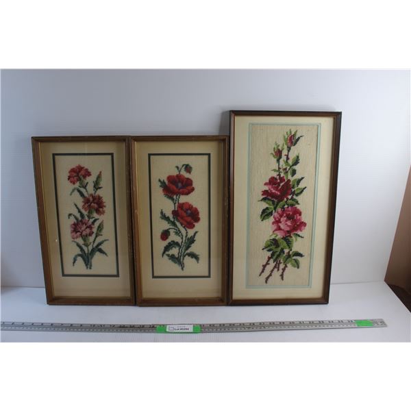 (3) Framed Floral Embroidery Art Wall Hanging Decorations 20'' x 11''