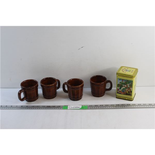 (4) Wooden Barrel Mugs and Choicest Tea Tin Box - Empty