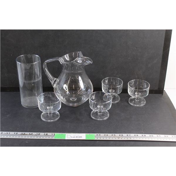 (4) Glass Goblets, Water Pitcher and Vase