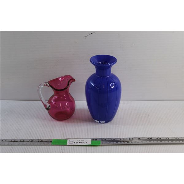 Indigo Murano Style Glass Vase and Pink Glass Water Pitcher
