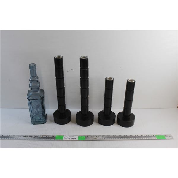 Glass Bottle and (4) Candle Holders