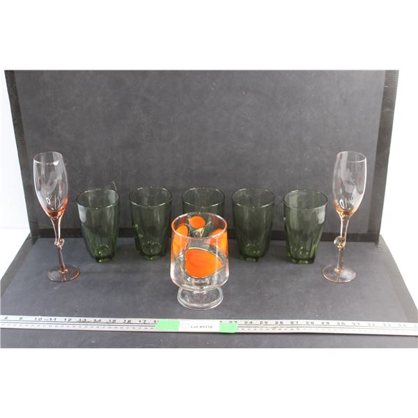 (2) Amber Glass Goblets, (5) Green Glass Cups and Glass Goblet