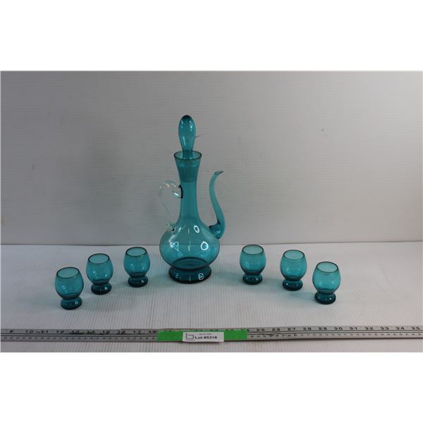MCM Turquoise Glass Liquor Decanter and (6) Shot Glasses