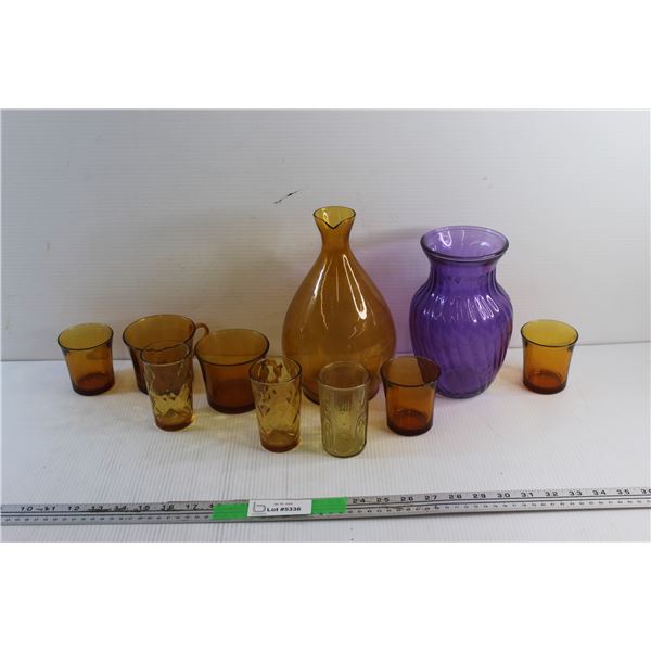 Amber Glass Cups, Mugs, Pitcher and Purple Glass Vase