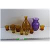 Image 1 : Amber Glass Cups, Mugs, Pitcher and Purple Glass Vase