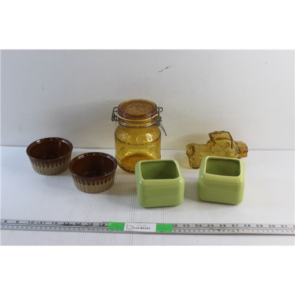 Amber Glass Cookie Jar, Car Bottle, Ceramic Dishes and (2) Ceramic Pie Dishes