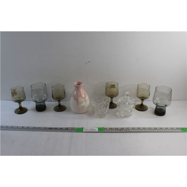 Pink Drip Glazed Vase, Smokey Beer Glasses, Goblets and Cream & Sugar Set