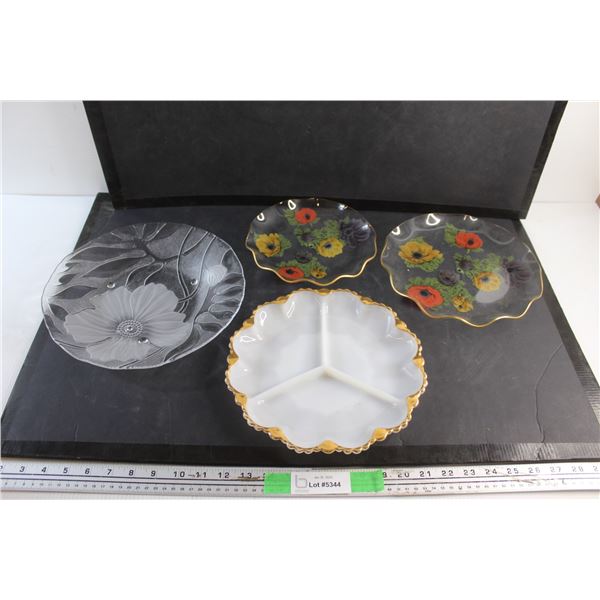 Divided Milk Glass / Brass Plate, Glass Platter and (2) Tray Plates