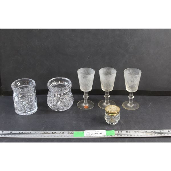 (2) Glass Sugar Dishes, (3) Crystal Goblets and Small Glass Jar