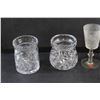 Image 2 : (2) Glass Sugar Dishes, (3) Crystal Goblets and Small Glass Jar