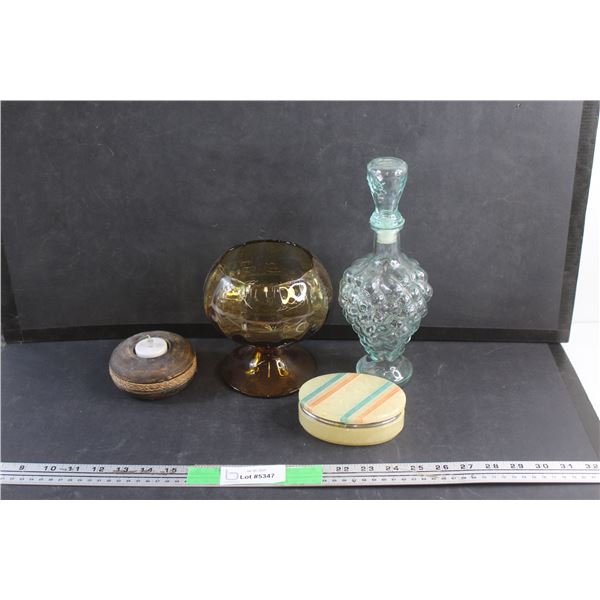 Alabaster Jewelry Box, Glass Liquor Decanter, Candle Holder and Amber Glass Dish