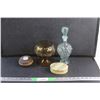 Image 1 : Alabaster Jewelry Box, Glass Liquor Decanter, Candle Holder and Amber Glass Dish