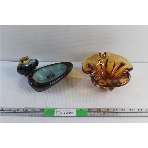 Amber Art Glass Bowl, Ceramic Ashtray and Desk Lighter