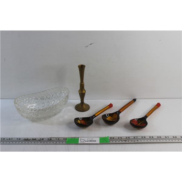 (3) Wooden Spoons, Brass Candle Holder and Glass Candy Dish
