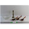 Image 1 : (3) Wooden Spoons, Brass Candle Holder and Glass Candy Dish