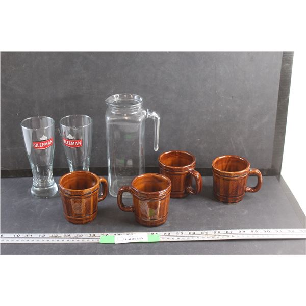 (4) Wooden Barrel Mugs, (2) Beer Glasses and Glass Pitcher