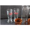 Image 6 : (4) Wooden Barrel Mugs, (2) Beer Glasses and Glass Pitcher