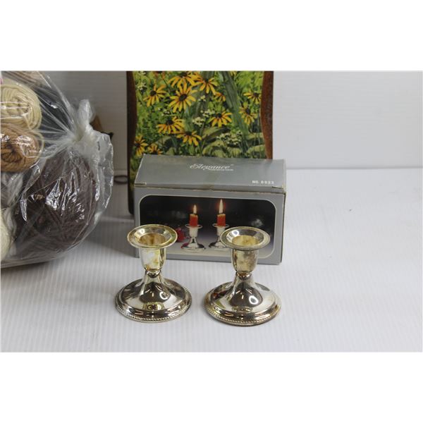 Knitting Worsted Yarn, Wall Hanging Decor and (2) Silver Plated Candle Holders