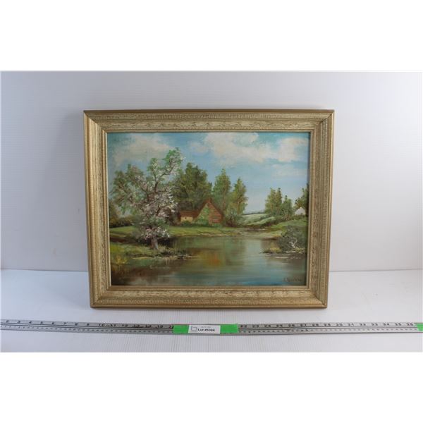 Framed Lake House Art Oil Painting 21'' x 17''