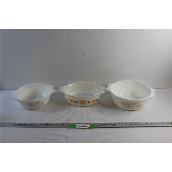 (3) Pyrex Bowls: Town & Country, Blue Iris Patterns