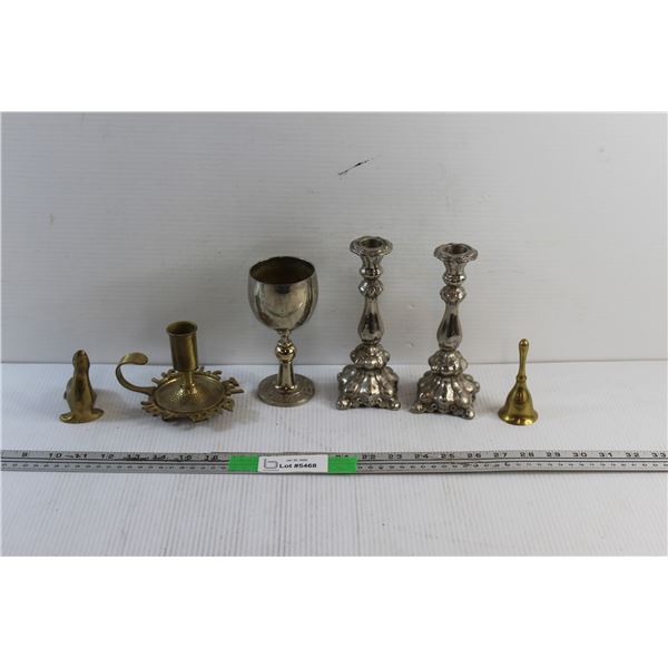 Brass and Silver Candle Holders, Bell, Sealion Decor and Goblet