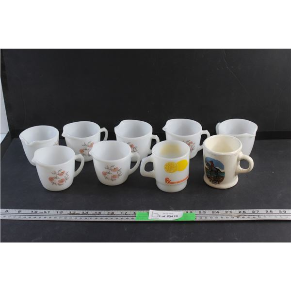 Hot Lemon and RCMP Mugs and (7) Milk Glass Creamer Cups