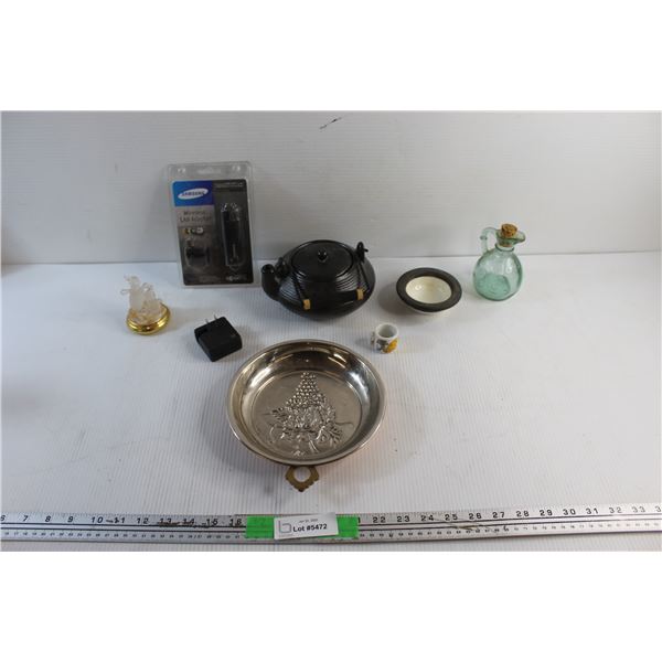 Ceramic Teapot , Samsung Wireless LAN Adapter, Sony Power Adapter, Hanging Wall Plate Decor and Misc