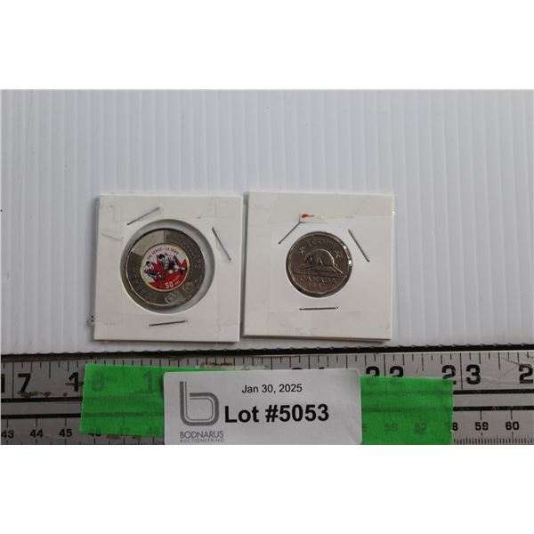 ^2022 Canada Toonie Summit Hockey Series and Antique Maple Leaf 1947 Canadian 5 Cent Coins