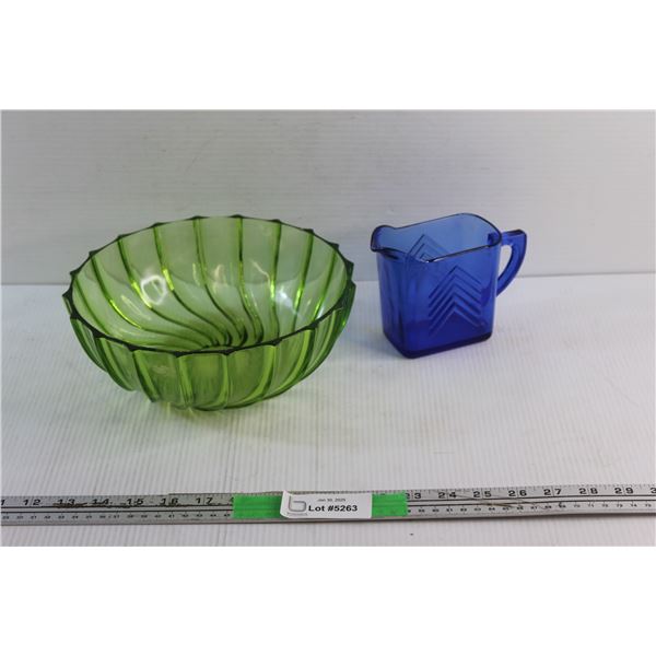 Green Glass Bowl and Blue Glass Creamer
