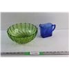 Image 1 : Green Glass Bowl and Blue Glass Creamer