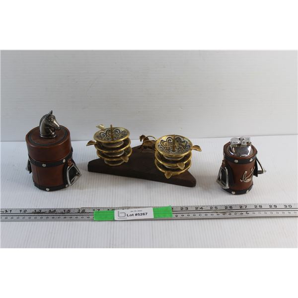 Brass Art Ashtrays, Cigarette Box and Desk Lighter