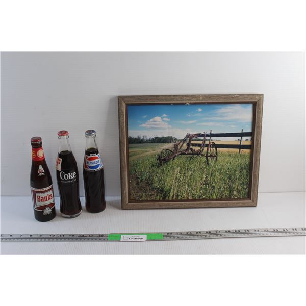 Framed Farm Art Print 15'' x 13'' and Vintage Coca Cola, Pepsi and Banks Soda Pop - Sealed