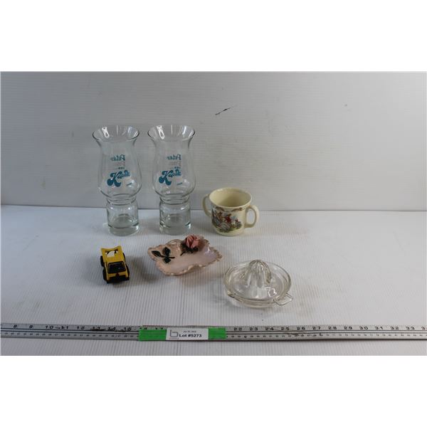 Porcelain Cup and Ashtray, Glass Cups, Juicer and Toy Truck