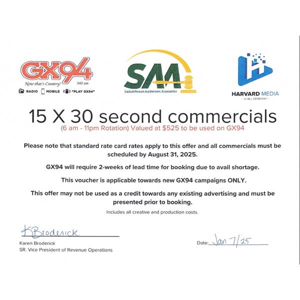 Voucher for 15 X 30 Second Commercials - Valued at $525 to be Used on GX94