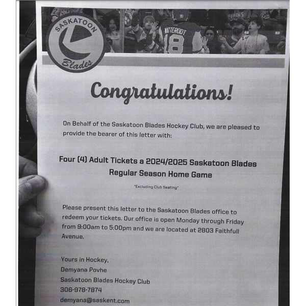 Voucher for (4) Adult Tickets to a 2024/25 Saskatoon Blades Regular Season Home Game