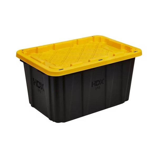 102L Stackable Tough Strong Storage Tote Bin, Plastic Organizer Box, Black Base & Yellow Snap-on Lid