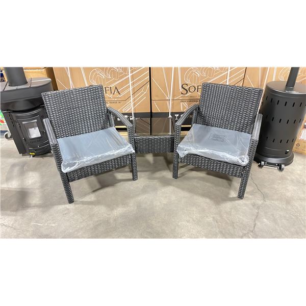 PATIOFLARE MELODY BLACK PLASTIC RATTAN 3PCS OUTDOOR PATIO CHAT SET WITH GREY CUSHIONS *IN BOX*