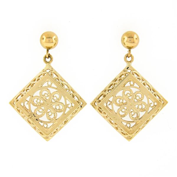 14k Yellow Gold Detailed Filigree Floral Open Work Squared Drop Dangle Earrings
