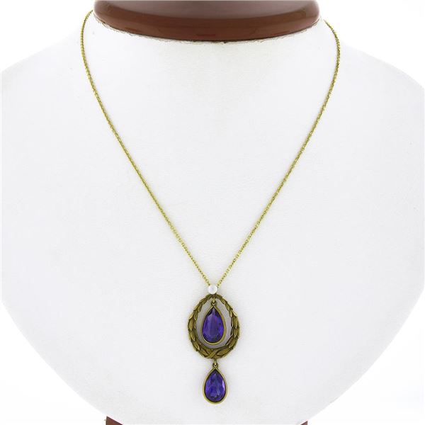 Antique 14k Gold Art Nouveau Brassler Co. Amethyst Pearl Dangle Lavalier Pendant